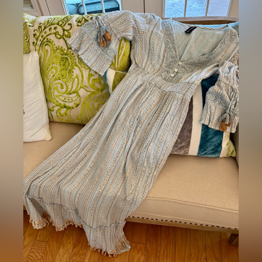 Elegant Blue and Gold Women's boho Dress with tassels